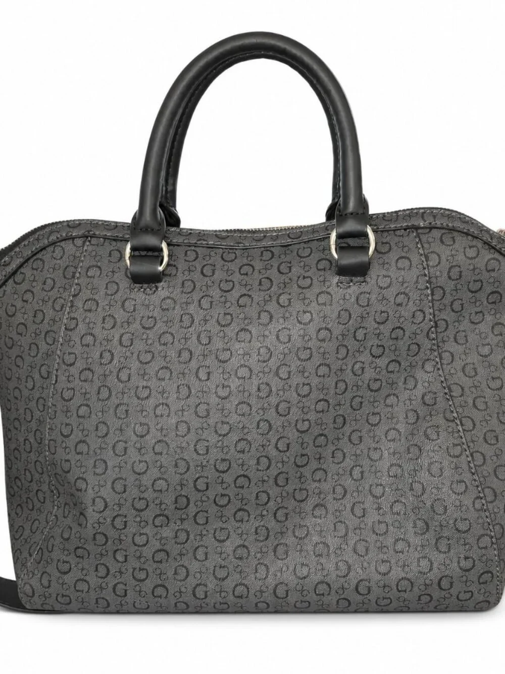 GUESS Satchel Shoulder Bag Gray Black Logo Print Dome Purse